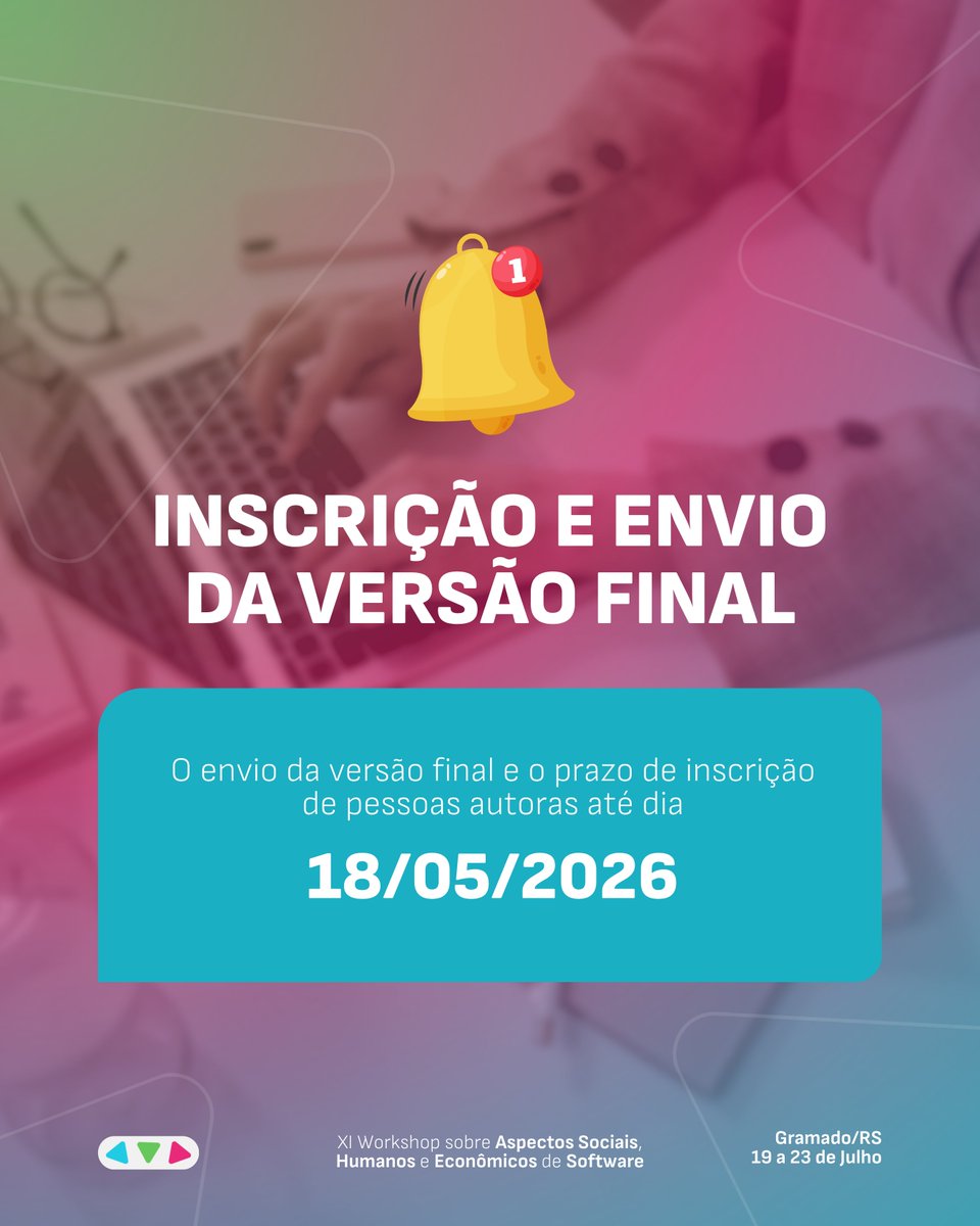 washescommunity's tweet photo. Olá, comunidade WASHES! ☀️

Última chamada para inscrições de pessoas autoras! ⏰ O prazo para inscrição das pessoas autoras de artigos do WASHES encerra hoje! 📆 https://t.co/RuUjTT5t1a