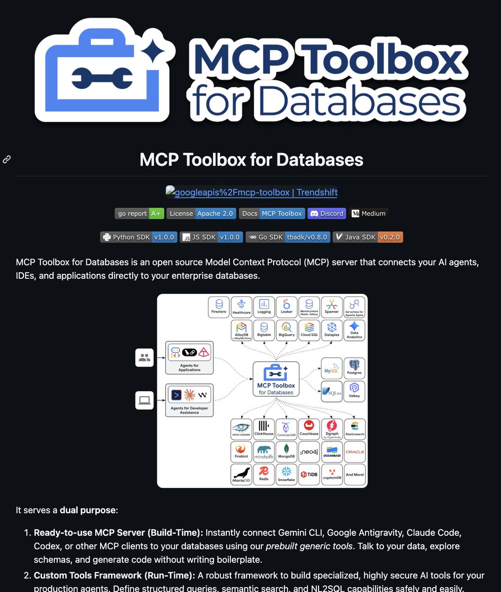 Sundeep2004's tweet photo. MCP Toolbox for Databases is an open source MCP server that connects your AI agents directly to your enterprise databases.  

No boilerplate.   

No custom plumbing.  

Just plug in and talk to your data. 🔌 https://t.co/kAym1qaTRC