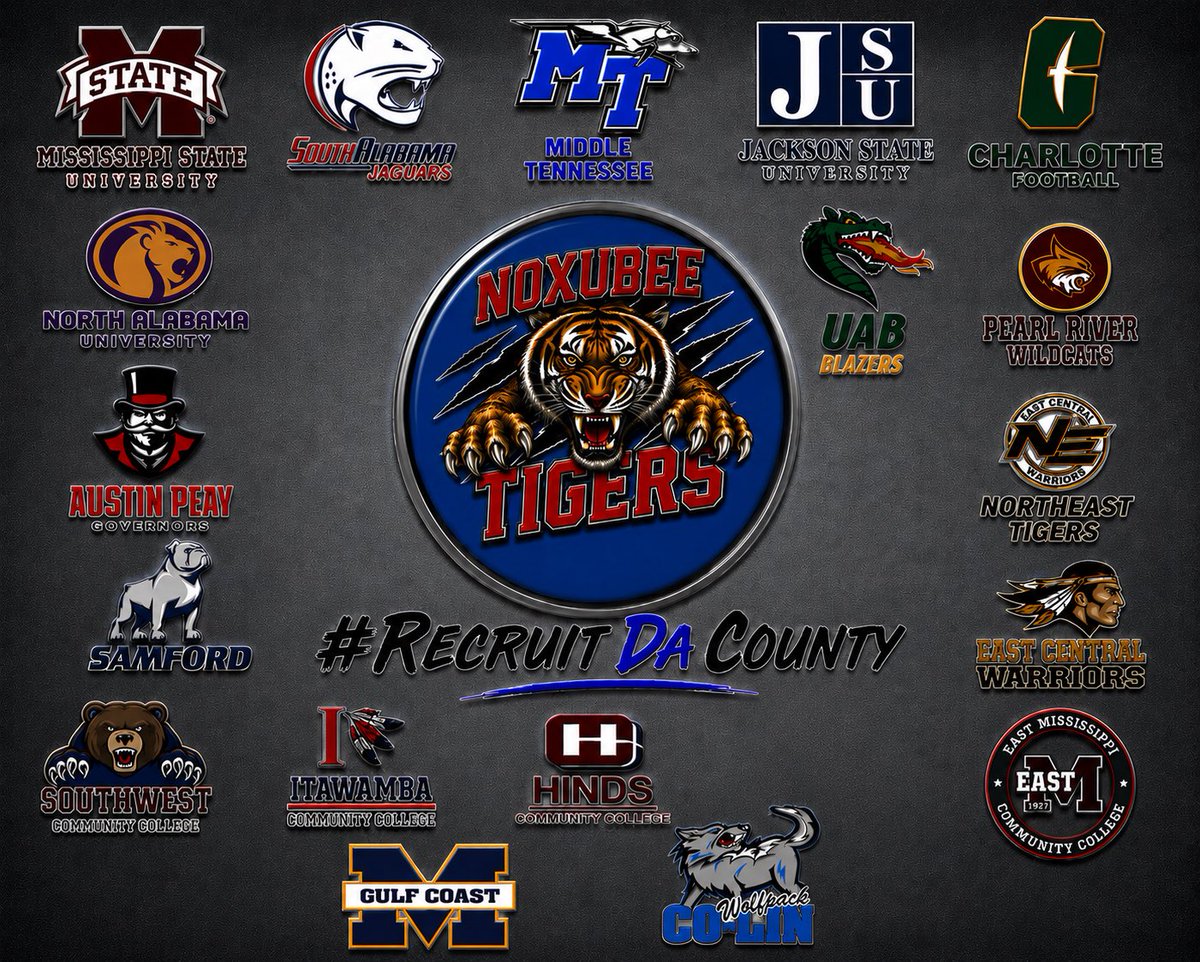 NoxubeeFB's tweet photo. We would like to thank each and every one of these colleges for stopping by this spring and recruiting our players! 🐅🏈
@coachT_Young 
#RecruitDaCounty
#RoadtoSix 🏆 https://t.co/DZgFV7DY1F