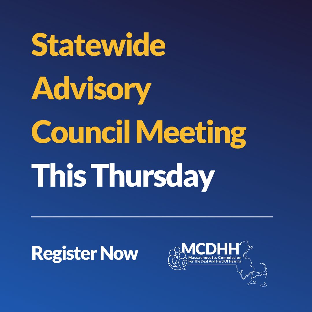 MassCDHH's tweet photo. #MCDHH will hold the Statewide Advisory Council (SAC) meeting this Thursday in person!
 
The meeting will take place at 40 Broad Street, 10th Floor, from 1:00 PM to 3:00 PM. Please RSVP to Heather Daley at heather.l.daley@mass.gov to confirm attendance.

#SAC https://t.co/F4Tx8Ci4KK