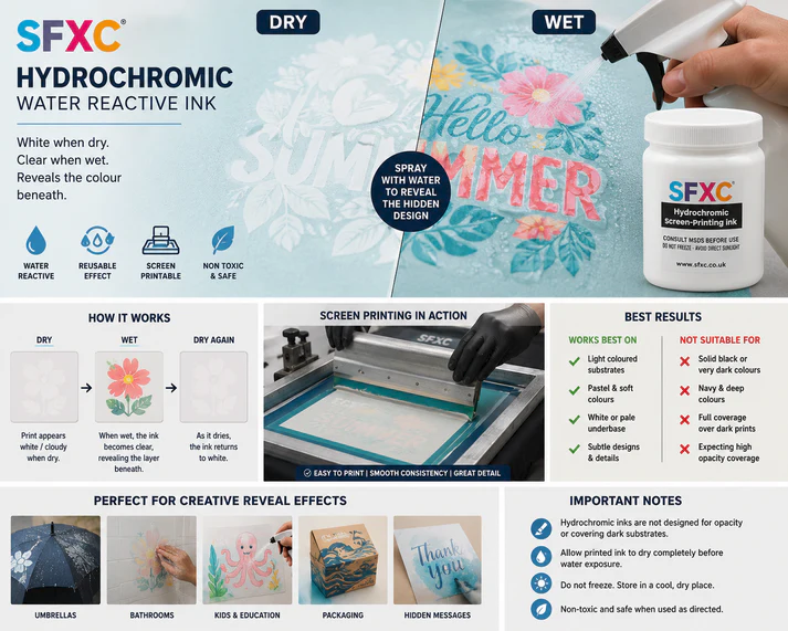 SFXC_UK's tweet photo. Transform your projects with SFXC Hydrochromic Ink! This innovative ink  changes color when exposed to moisture, offering a unique reversible  effect that captivates and engages. Perfect for artists, designers, and  educators alike, it brings creativity and interactivity to fabrics,  artworks, and experiments.
https://t.co/Ie4cBKwMXQ