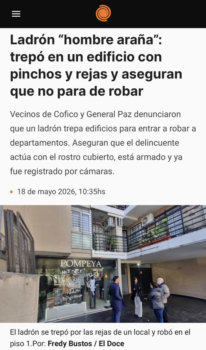 NancyAlmada's tweet photo. Qué lindo show, ¿no?

Mientras @MartinLlaryora y @QuinterosJP están de campaña con sonrisas y fotos, el “Hombre Araña” trepa edificios con pinchos y rejas en Cofico como si fuera su casa.

¡Qué gran plan de seguridad! Los cordobeses vivimos con miedo, denunciamos y nos cansamos de estar solos.

Abandono total: ni seguridad, ni educación, ni salud. Solo marketing y redes.

¿En qué momento van a gobernar de verdad para los cordobeses? Basta de abandono.

🔗: https://t.co/5yFZLMsRiy

#InseguridadCórdoba #AbandonoTotal #Llaryora #Inseguridad #Seguridad