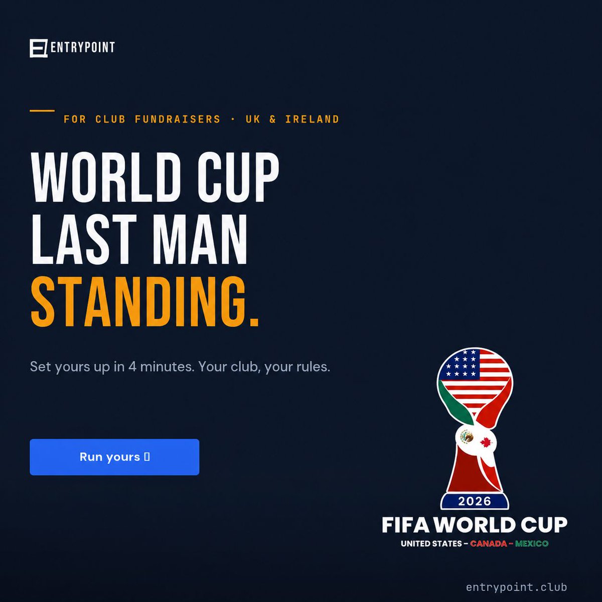 entrypointplay's tweet photo. World Cup Last Man Standing.
Set yours up in 4 minutes. Your club, your rules.
https://t.co/59d03jHq9O #GAA #ClubFundraiser #WorldCup2026 #LastManStanding https://t.co/I0lNeP8yOk