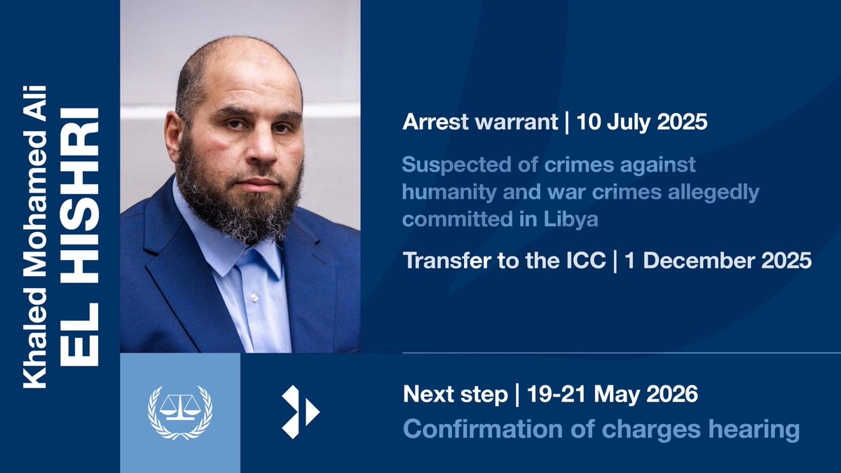 IntlCrimCourt's tweet photo. 📅On 19 May: The confirmation of charges hearing in the #ElHishri case, for alleged crimes against humanity and war crimes in #Libya, will open before the #ICC. 📺Watch it at 10:30 (CEST) (with 30-minute delay). More info ➡️ https://t.co/JmACh6VKKT https://t.co/z7mGbTRsNW
