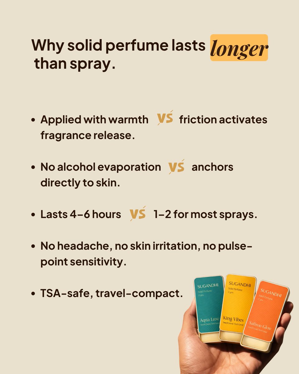 GrabLocal_BH's tweet photo. Solid perfume is different. You dab it, not spray it.
No alcohol. Nothing evaporates. Nothing stings. Just warm it a little with your finger, press it on, and the scent stays all day.
The technique is 3,000 years old. Sugandhi is the new Indian brand bringing it back.
GrabLocal. https://t.co/H2oYV79D07