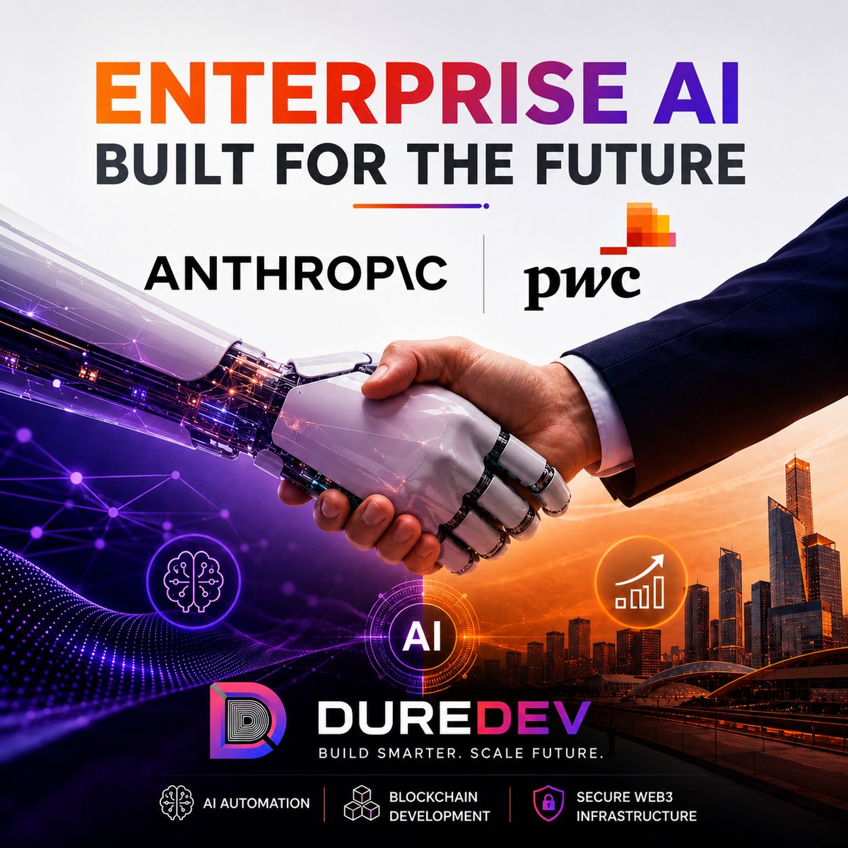 DureDev's tweet photo. Most businesses still see AI as just a chatbot.

But the Anthropic + PwC partnership signals a bigger shift.

Enterprises are now integrating AI directly into operations to automate workflows, improve decisions, and scale efficiency.

Enterprise infrastructure is evolving fast. https://t.co/P7QlNvKBLT