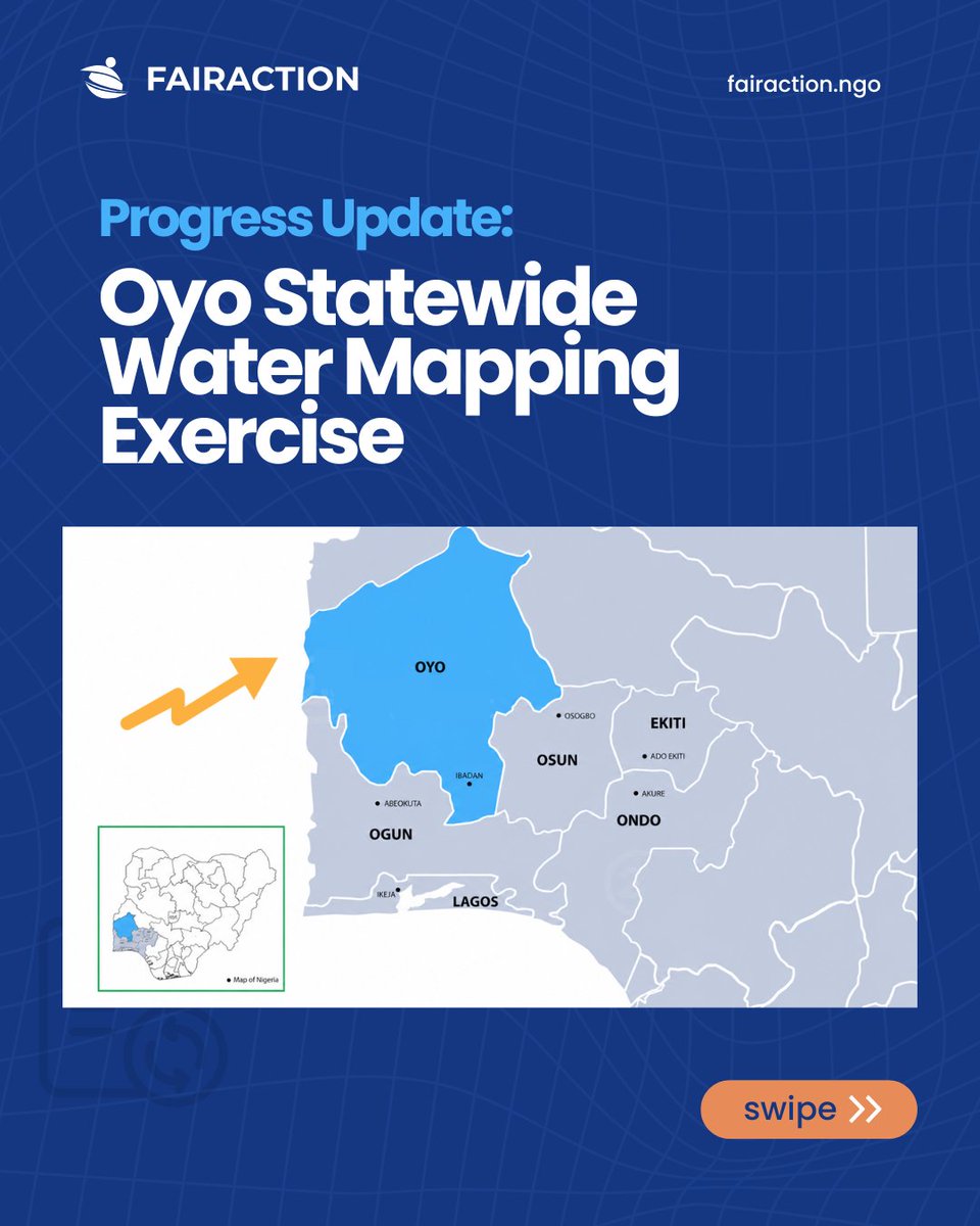Fairaction_ng's tweet photo. We’re making steady progress on one of our most ambitious missions yet - a comprehensive water mapping exercise across Oyo State.

So far, 977 communities have been mapped, alongside over 3,900 public water sources assessed for functionality and condition. This phase covers 11 Local Government Areas, with four already fully completed while work continues across the remaining LGAs.

Every data point brings us closer to a clearer understanding of water access gaps and ultimately, more targeted and sustainable solutions for the communities that need them most.