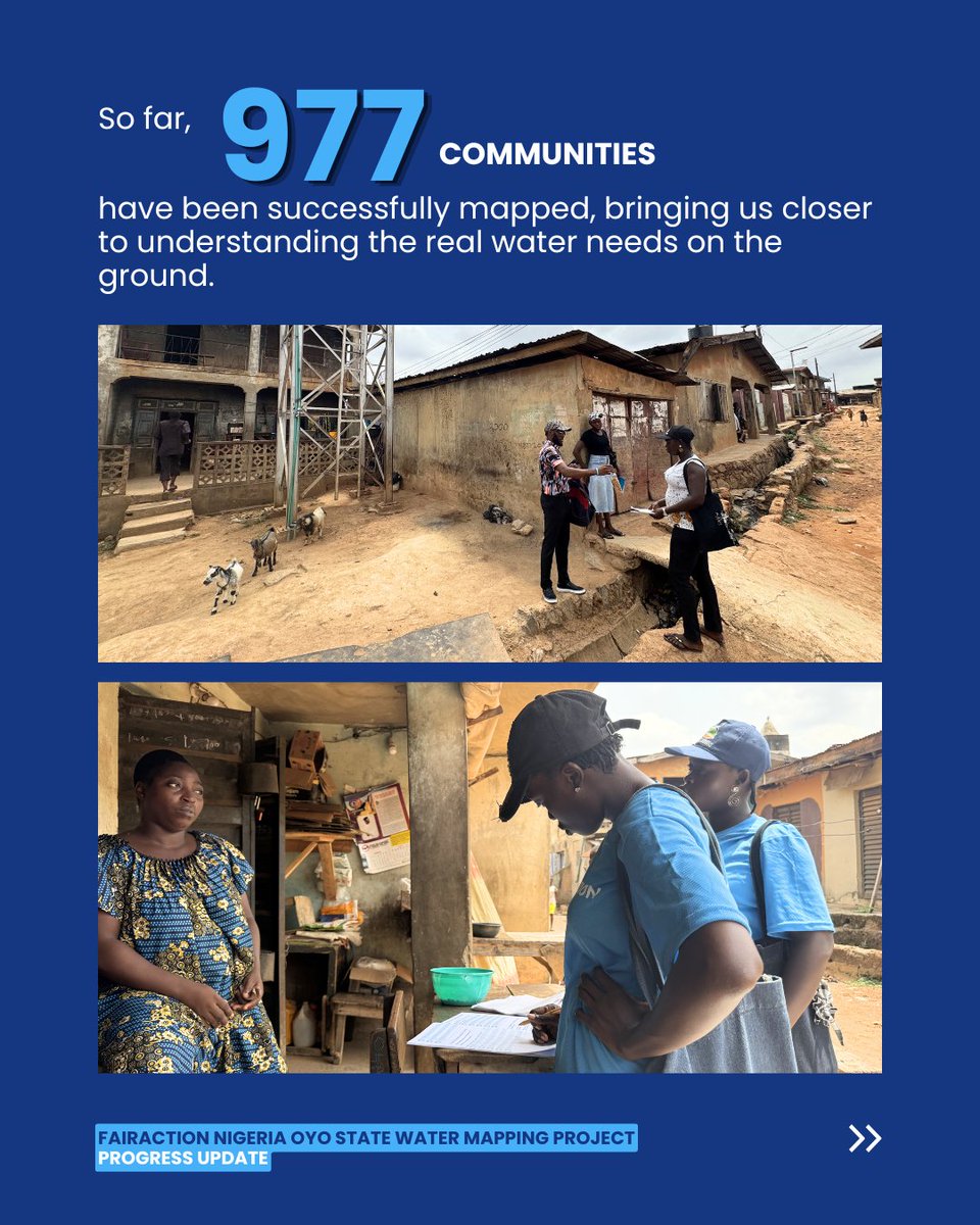 Fairaction_ng's tweet photo. We’re making steady progress on one of our most ambitious missions yet - a comprehensive water mapping exercise across Oyo State.

So far, 977 communities have been mapped, alongside over 3,900 public water sources assessed for functionality and condition. This phase covers 11 Local Government Areas, with four already fully completed while work continues across the remaining LGAs.

Every data point brings us closer to a clearer understanding of water access gaps and ultimately, more targeted and sustainable solutions for the communities that need them most.