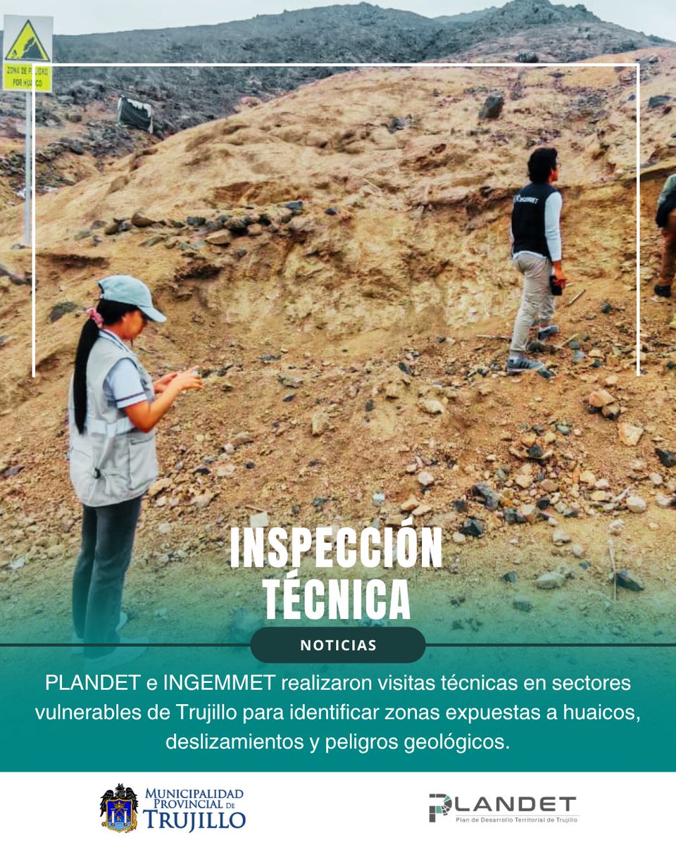 Plandet_mpt's tweet photo. PLANDET e INGEMMET realizaron inspecciones técnicas para identificar zonas vulnerables e incorporar gestión del riesgo en la actualización del PDM.
#PLANDET #Trujillo https://t.co/YwNrWzsSqq