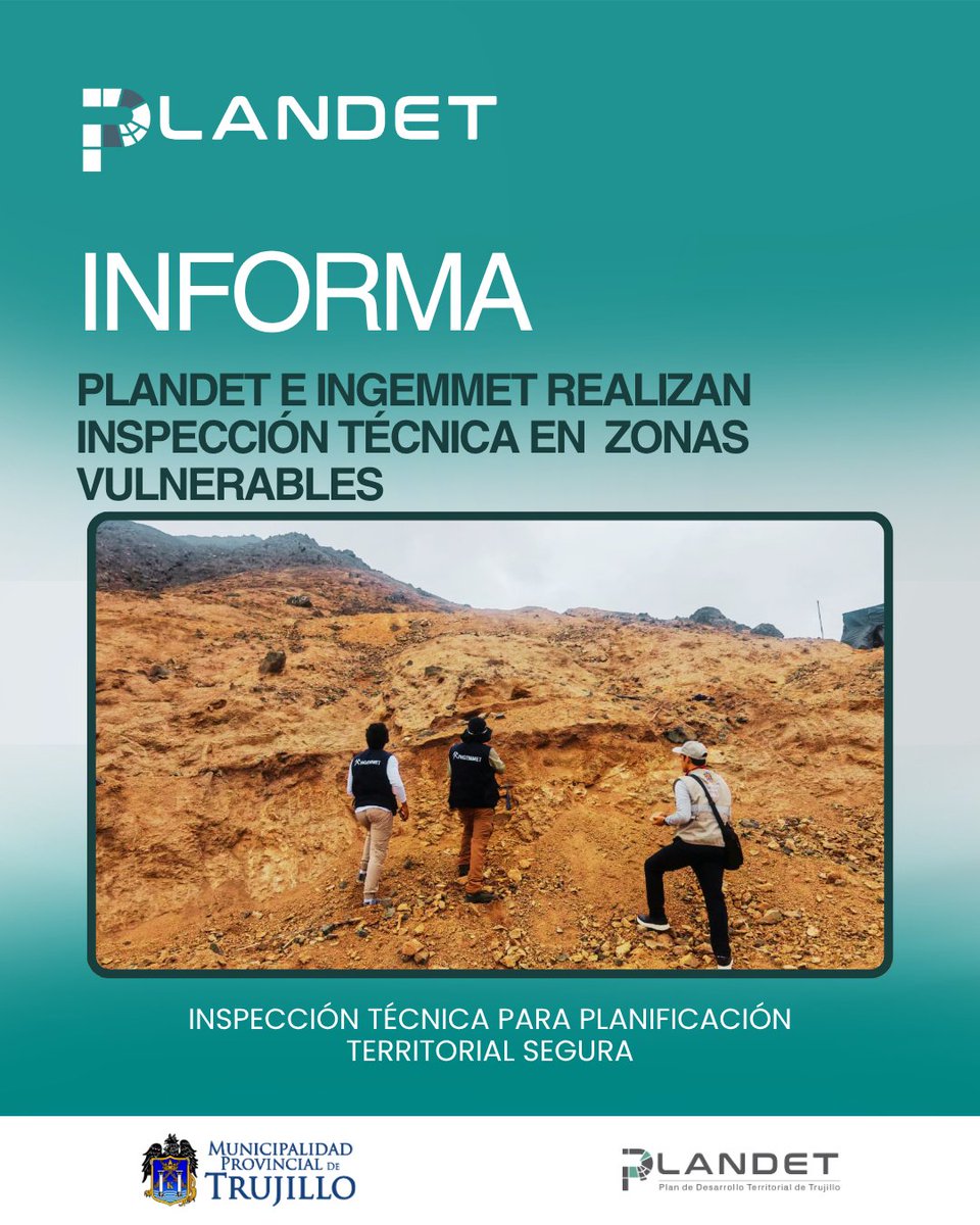 Plandet_mpt's tweet photo. PLANDET e INGEMMET realizaron inspecciones técnicas para identificar zonas vulnerables e incorporar gestión del riesgo en la actualización del PDM.
#PLANDET #Trujillo https://t.co/YwNrWzsSqq
