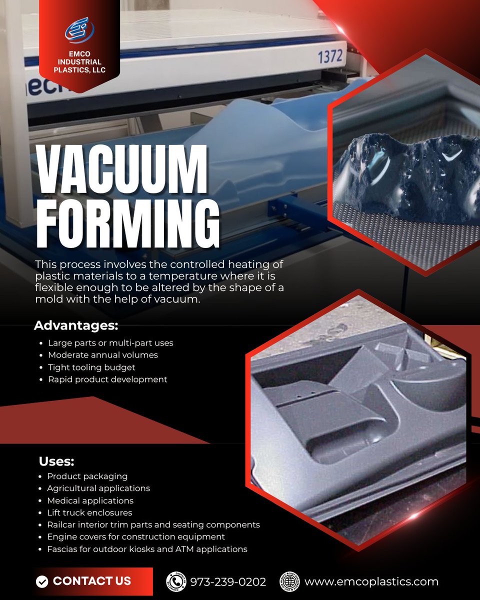 EmcoPlastics's tweet photo. Vacuum Forming offers a cost-effective way to create durable, lightweight plastic components. EMCO Plastics supports your custom needs with quality materials and fabrication capabilities. Contact us for more information!

#fabrication #plastics #plasticsindustry https://t.co/G8D4KC0LrU