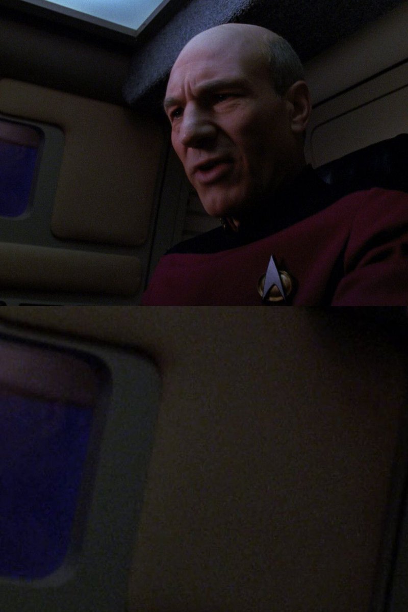 gaghyogi49's tweet photo. In some shuttlepod shots in #StarTrekTNG's "In Theory", the top of the blue curtain (standing in for the Mar Oscura nebula) can be briefly through the shuttlepod side window to the left of Picard. https://t.co/a4DUbrXldS