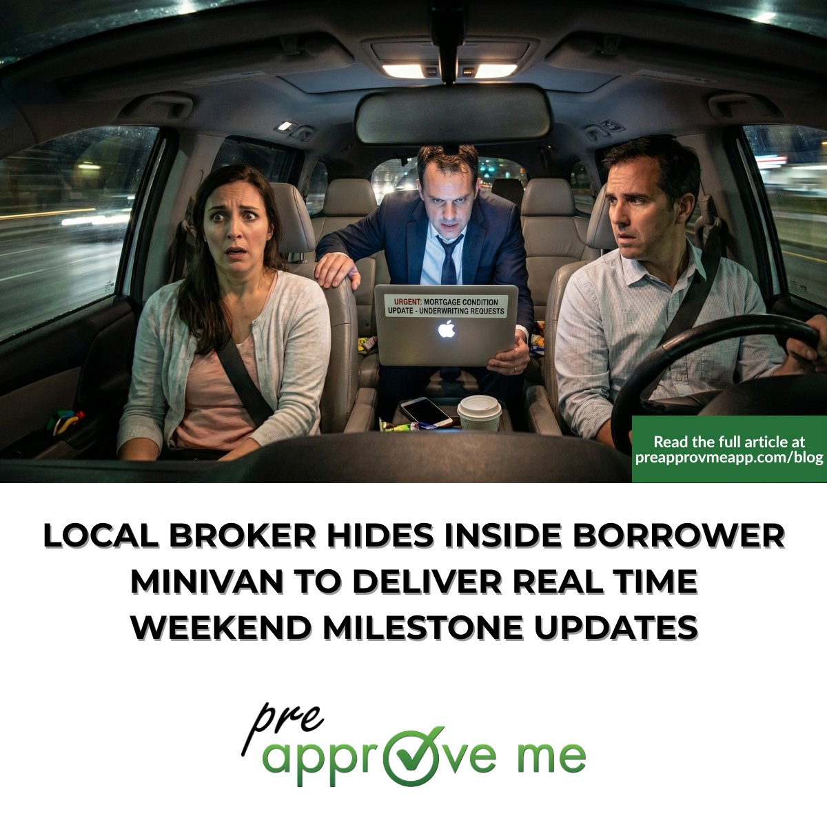 PreApproveMeApp's tweet photo. Broker Kevin, convinced push notifications lack human warmth, spent Saturday wedged between two toddler car seats on a family's theme park trip—to deliver underwriting conditions in person. The applicants are terrified. https://t.co/FNze7NS6w7 https://t.co/XYktFqEotC