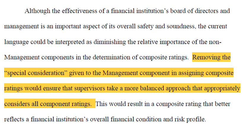 bank_reg's tweet photo. Proposed CAMELS changes out today show how the hodgepodge of FFIEC regulators are trying to square this circle.  Management rating would stick around but... (1) would no longer receive outsize weight in determining composite rating and (2) would focus on material financial risk https://t.co/u5JKPR6C9H