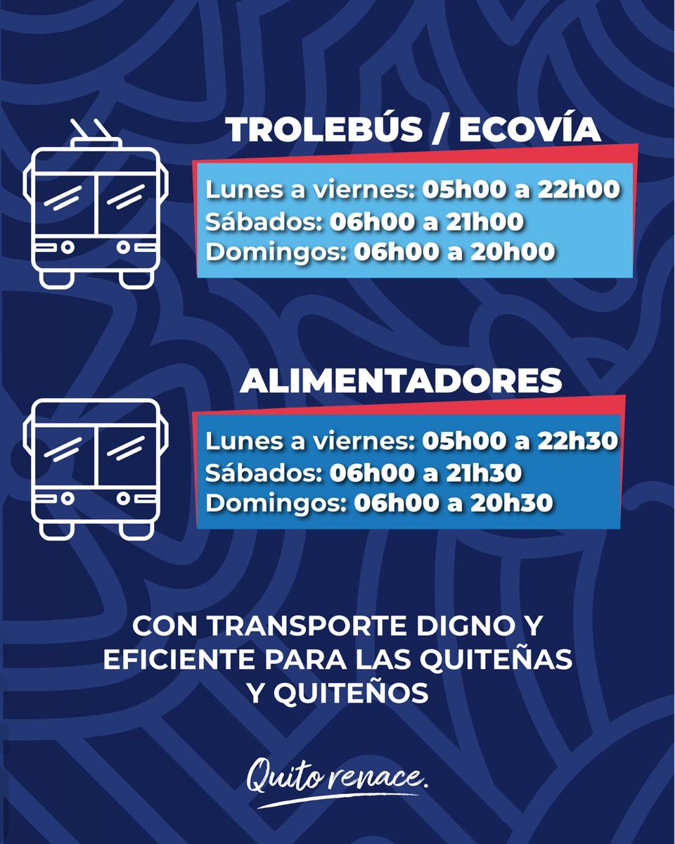 PasajerosQuito's tweet photo. 📢 #MuéveteInformado | Se terminó el toque de queda y @PasajerosQuito retoma sus horarios habituales de operación:

🚎 Trole y Ecovía
Lunes a Viernes: 05h00 - 22h00
Sábados: 06h00 - 21h00
Domingos: 06h00 - 20h00

🚌 Alimentadores
Lunes a Viernes: 05h00 - 22h30
Sábados: 06h00 - 21h30
Domingos: 06h00 - 20h30

Con transporte público digno y eficiente, #QuitoRenace 💙❤️