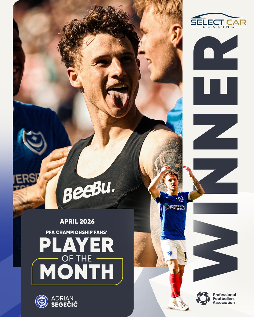 Pompey's tweet photo. 🏆 Another Adrian accolade!

🔵 Sega has been named @PFA @SkyBetChamp Fans' Player of the Month for April. https://t.co/kQArFTsLpg