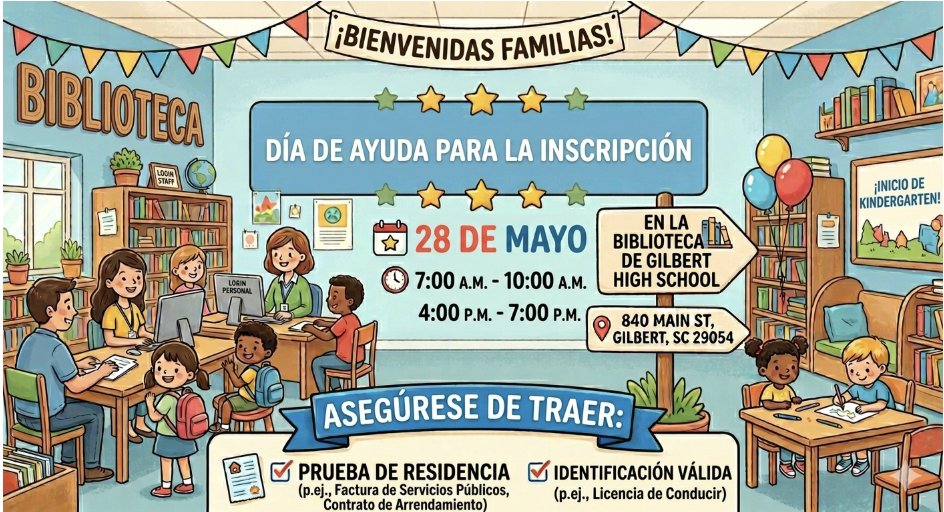 gilbert_elem's tweet photo. Día de Ayuda para la Comunidad  de Gilbert para registraciones del próximo año escolar: 28 de mayo, de 7:00 a. m. a 10:00 a. m. y de 4:00 p. m. a 7:00 p. m., en la biblioteca de Gilbert High School.
@deyo_stephen https://t.co/494N95kkqU