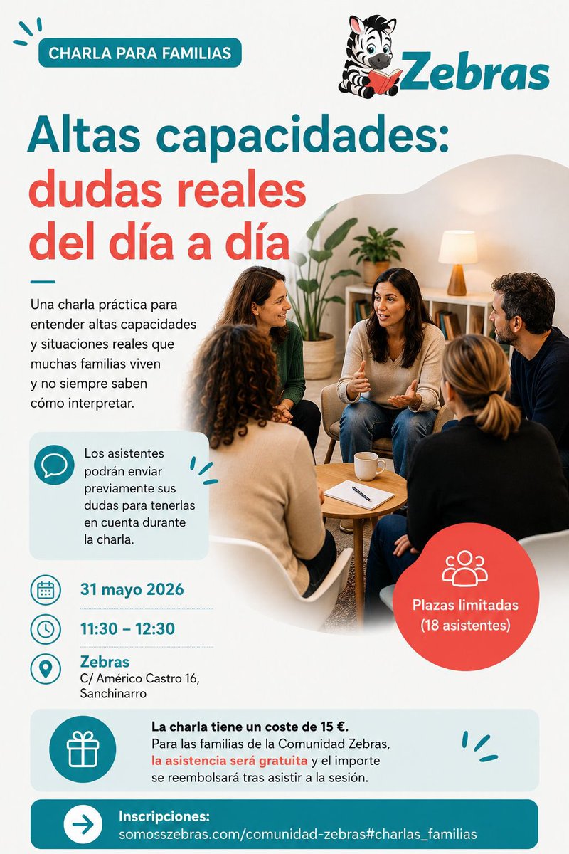 somosZebras's tweet photo. 📅 31 mayo 2026
🕦 11:30–12:30
📍 Zebras · Sanchinarro

La charla tiene un coste de 15 €.
Para las familias de la Comunidad Zebras, la asistencia será gratuita y el importe se reembolsará tras asistir a la sesión.

Más información e inscripciones:
https://t.co/fjagBJLwcT https://t.co/WdpQPPLw3h