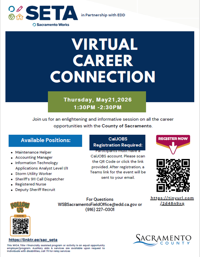 SacDCSS's tweet photo. Need a fresh start?  Register for the Virtual Career Connection sponsored by our partners at SETA. See flyer for details. https://t.co/3Wy4dqtxrd