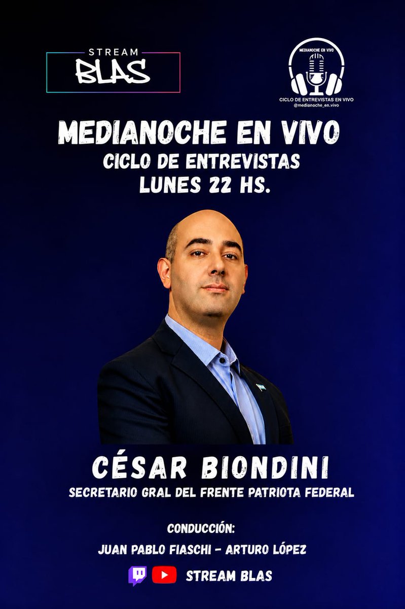 BiondiniCesar's tweet photo. ✅️ Hoy a las 22hs estaré en los estudios de Stream Blas, en una entrevista en el ciclo "Medianoche en vivo".
Se puede ver en:
https://t.co/h1wLK8ZuAu https://t.co/PvldyL28Xg