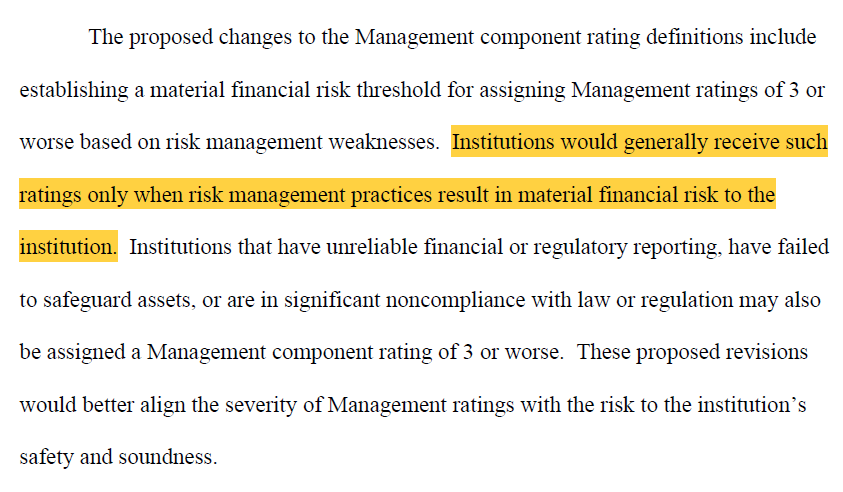 bank_reg's tweet photo. Proposed CAMELS changes out today show how the hodgepodge of FFIEC regulators are trying to square this circle.  Management rating would stick around but... (1) would no longer receive outsize weight in determining composite rating and (2) would focus on material financial risk https://t.co/u5JKPR6C9H