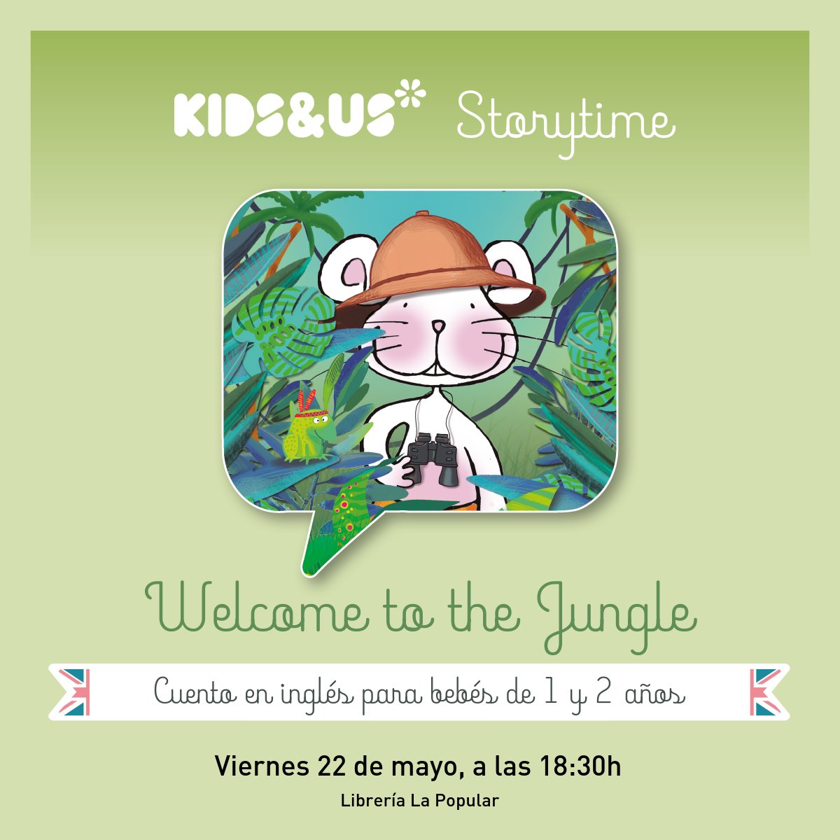 PopularLibros's tweet photo. ¡Aventura salvaje en #PopularLibros! 🌴
Kids&amp;Us presenta Storytime: Welcome to the Jungle, un cuentacuentos en inglés para bebés de 1 y 2 años. 👶✨
📅 Viernes 22 de mayo 🕦 18:30h 📍 Octavio Cuartero, 12 🎟️ Entrada LIBRE hasta completar aforo
¡No os lo perdáis! #Albacete https://t.co/gzJd1Dkbpq