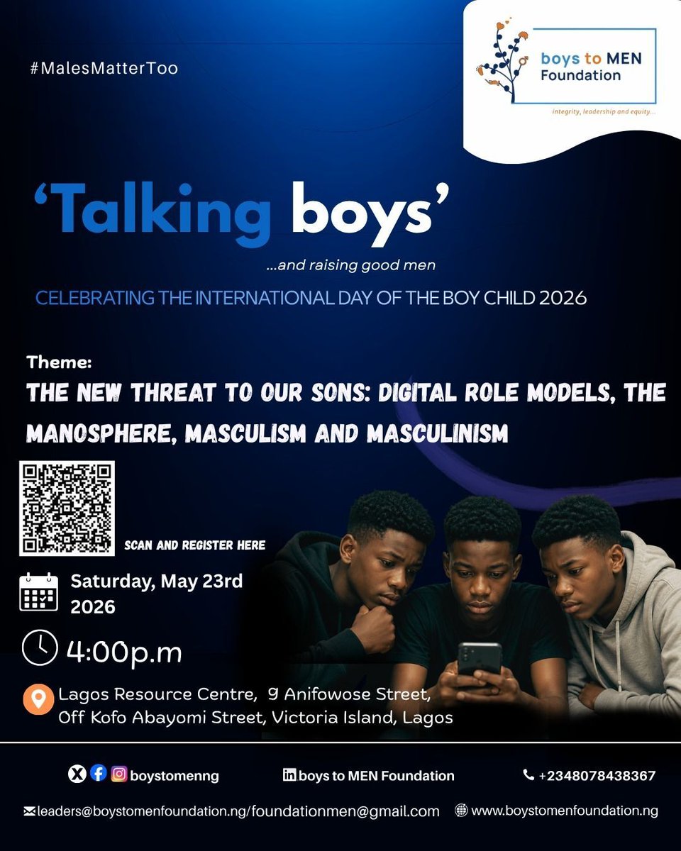 boystomenng's tweet photo. Boys are growing up in a digital world filled with influences shaping their identity, values, and mindset. Join us as we celebrate the International Day of the Boy Child with the theme - The New Threat to Our Sons: Digital Role Models, the Manosphere, Masculism and Masculinism. https://t.co/j4jXERQYWB