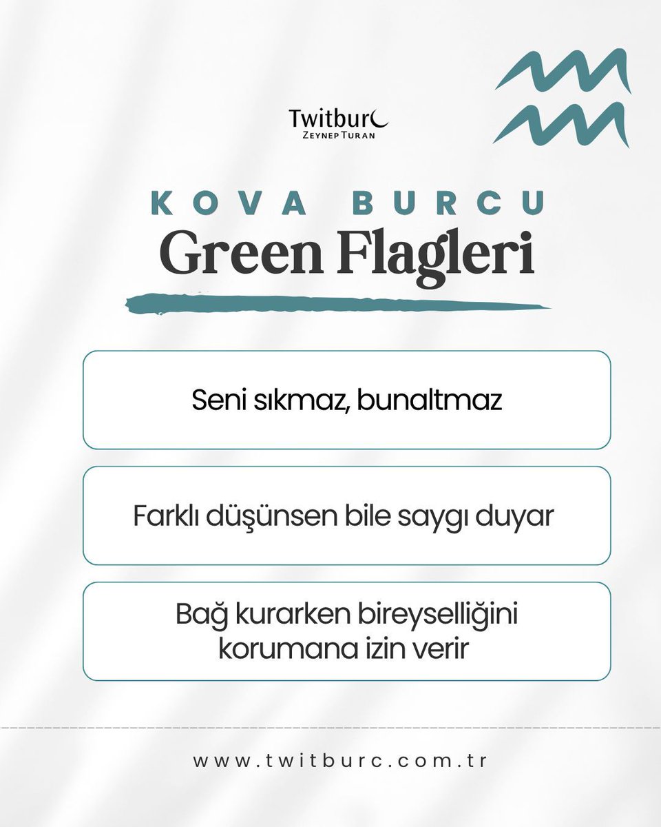 twitburc's tweet photo. ✅️ Kova Burcunun Green Flagleri ✅️

✨ Serinin devamı için takipte kalın!
Peki sizce Kova burcunun en güçlü green flag’i hangisi? 💬

Hadi yorumlarda buluşalım, sohbeti başlatalım! 🙂

#zeynepturan #twitburc https://t.co/kGabmz0KHE