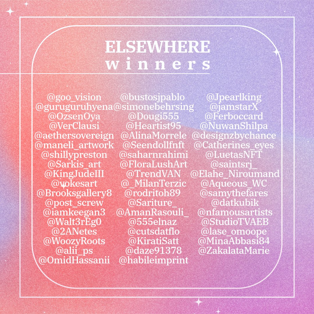 muriellondon's tweet photo. 🚨 ELSEWHERE | WINNERS

The selected artists are in.

Thank you to everyone who submitted. The quality was honestly incredible.🙌

We will invite all selected artists to join our 230 member GC very soon.

See you in ELSEWHERE
May 26 • 6 AM UTC on @objktcom https://t.co/gFDVZnFVQo