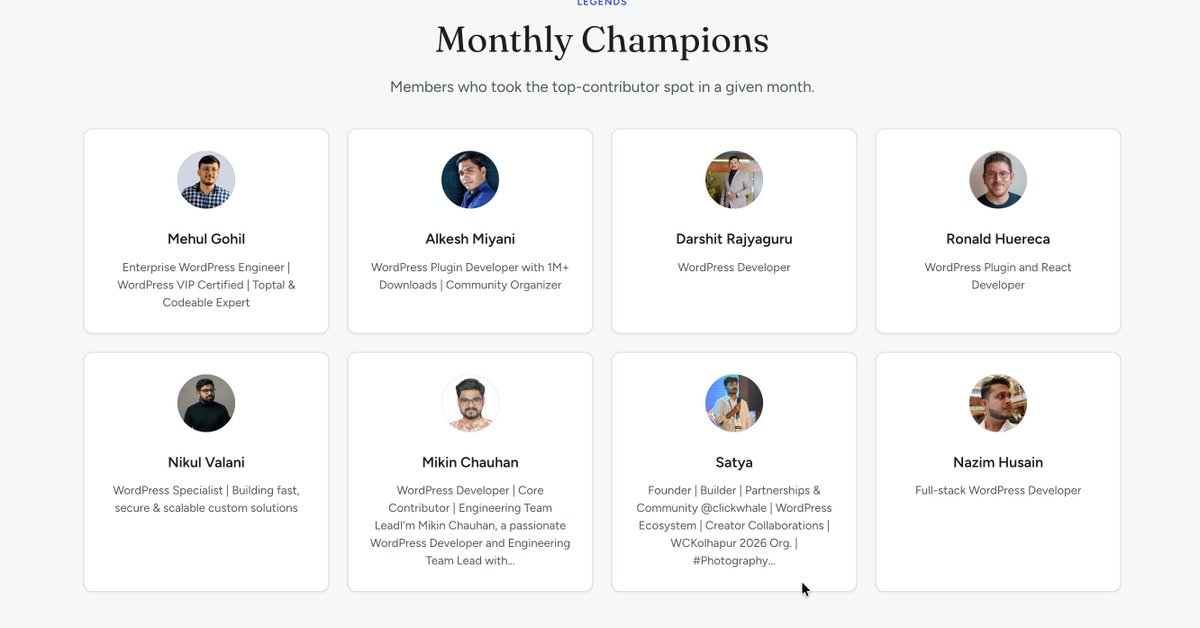 ask_hellosatya's tweet photo. Made it to the WPFolks Monthly Champions page. 🎉

A spot for members who took the top contributor position in a given month. Honestly did not see this coming.

Proud to be in this community. 🧡
🔗 https://t.co/o73rgbEqGM
#WordPress #WPFolks #OpenSource https://t.co/jAkBMnjbNc