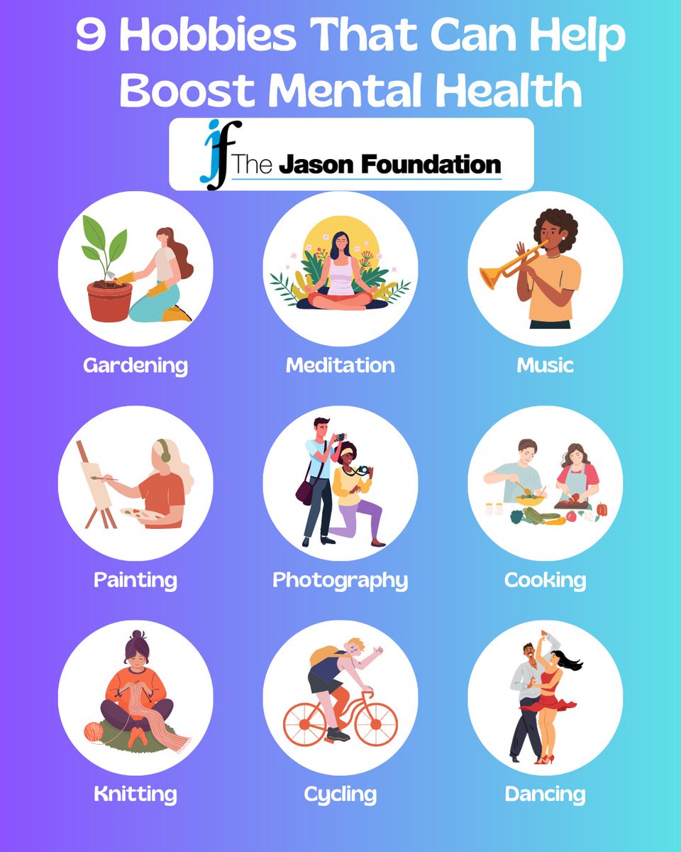 JasonFoundation's tweet photo. If you're struggling to find your way in this crazy world, find a hobby to help during your times of struggle. With summer just around the corner, a lot of youth and young adults struggle with being out of school and not having that schedule they're used to. Some children only get attention when at school.  Here are a few ideas that have been known to help with healing those suffering from seasonal depression or feeling alone. Find something you love doing while also being productive and helps with yourself worth. #SuicidePrevention #MentalHealthAwarenessMonth #FindAHobbyYouLove #LoveYourself #TakeCareOfYou #ItsOkayNotToBeOkay #SpeakUp #DontBeSilent #SelfWorth #SelfLove #SelfCare