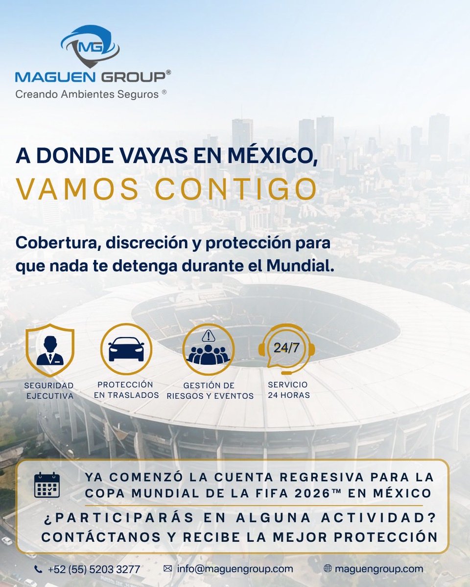 MaguenTeam's tweet photo. Planea con anticipación la protección de tus directivos, familiares e invitados durante uno de los eventos más importantes a nivel mundial.
Contáctanos y diseñemos juntos una estrategia de seguridad alineada a tus necesidades operativas, traslados y nivel de exposición. https://t.co/YPW7Jc3h3v
