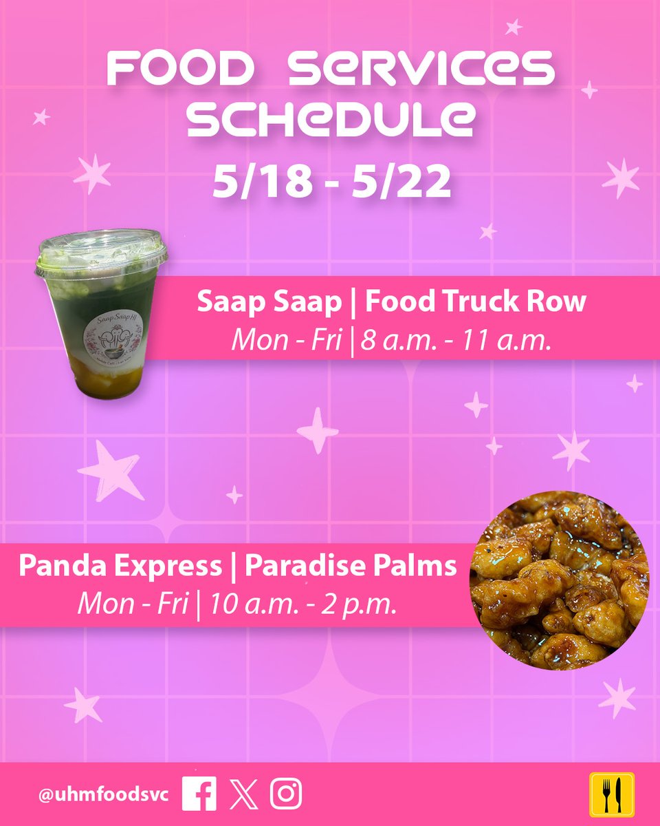 UHMFoodSvc's tweet photo. Feeling the summer vibes? Treat yourself at Saap Saap and Panda Express this week! 😎 🌴 https://t.co/pZHjOfgdsM