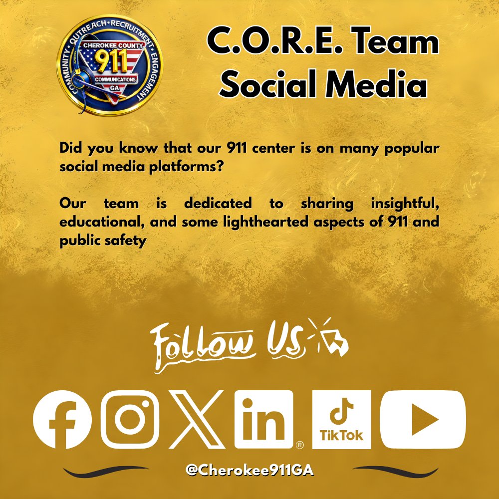 Cherokee911GA's tweet photo. Are you following us on ALL of our social media accounts?

#SocialMedia #HelpUsGrow #CORETeam #CherokeeCountyGA #WoodstockGA #HollySpringsGA #CantonGA #BallGroundGA https://t.co/1oZ3BAnLsc