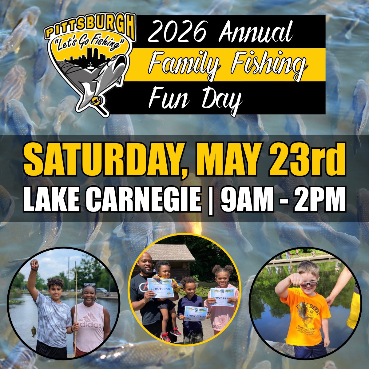 CitiParks's tweet photo. Grab the kiddos &amp; tackle some family fun this Saturday at Lake Carnegie! 🎣 Pittsburgh Lets Go Fishing is back for their Annual Family Fishing Fun Day filled with casting, reeling &amp; memory-making by the water. Bobbers drop at 9AM — register now at https://t.co/pkR0NAWQI9 https://t.co/um2xU58QgH