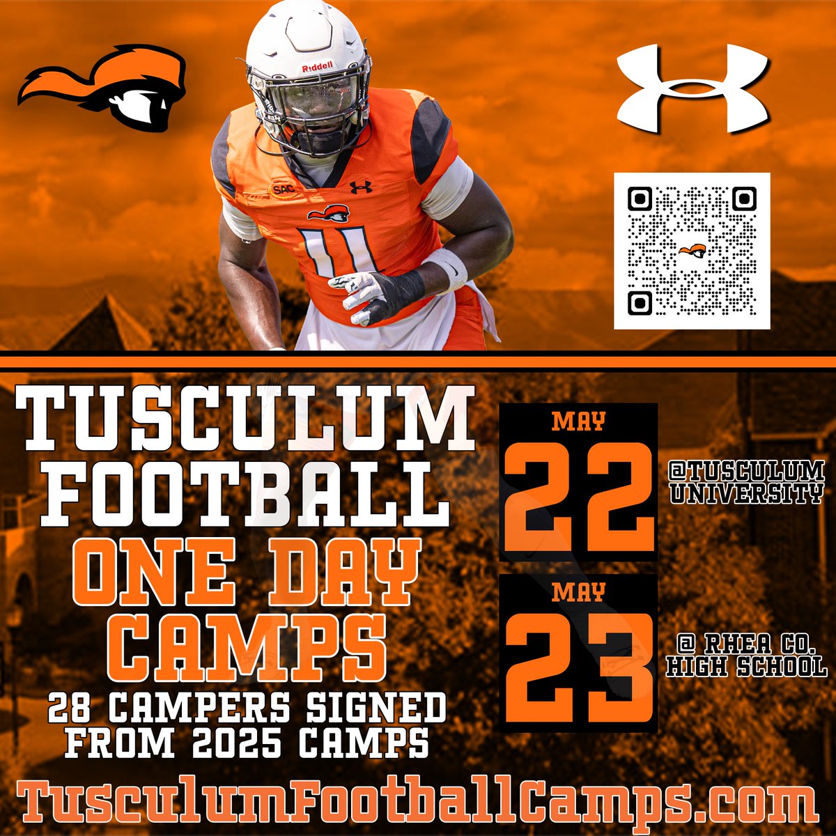 TusculumFB's tweet photo. #CampSZN is here! Come get coached this Friday on campus or Saturday at Rhea Co. #PioneerUp https://t.co/3mzIaVvW0X https://t.co/wKb4ZkOzlY