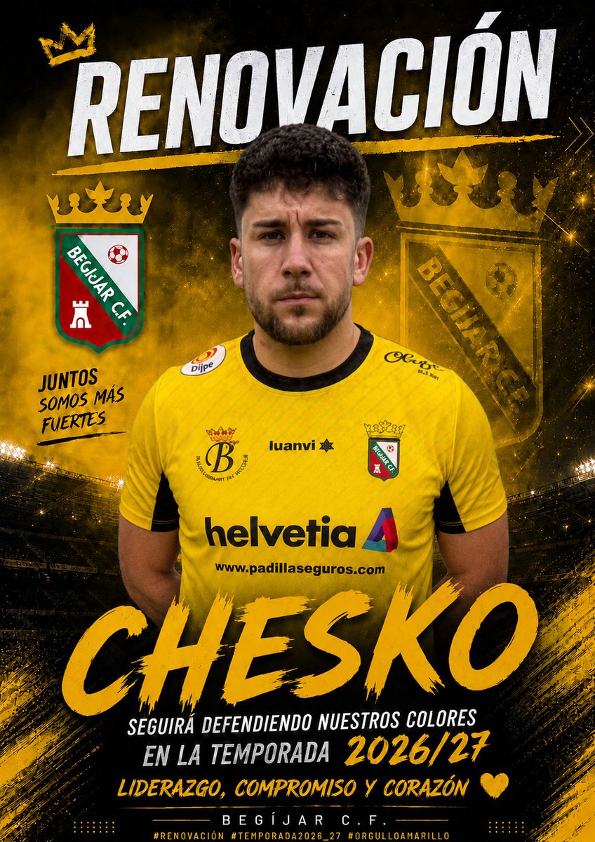 Begijar_CF_1975's tweet photo. 🔥 𝗥𝗘𝗡𝗢𝗩𝗔𝗖𝗜𝗢́𝗡 OFICIAL 🔥
El muro sigue en casa🟡⚫️

CHESKO continuará defendiendo la camiseta del Begíjar CF en la temporada 2026/27 reafirmándose como uno de los pilares principales del proyecto de Dela
Gracias por seguir siendo Begíjar CF, 𝗧𝗨 𝗖𝗔𝗦𝗔 CHESKO 
💛🖤 https://t.co/IIr2UxrXND