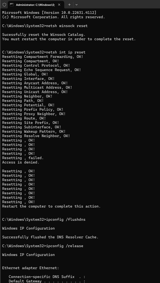 ParaNetHelp's tweet photo. 🚨 Potential Fix for High Ping, Packet Loss & Network Issues (Win 10/11) 🚨

If your connection suddenly feels unstable, delayed, or inconsistent, your Windows network stack may be corrupted.

Try running these commands in CMD as Administrator 👇

netsh winsock reset
netsh int ip reset
ipconfig /flushdns
ipconfig /release
ipconfig /renew
netsh advfirewall reset

🔄 Restart your PC after running them.

❤️ + ♻️ if this helped you