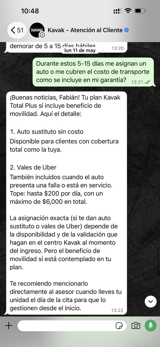fabima_9's tweet photo. Hola @AtencionKavakMX, intenté agendar mi servicio antes del vencimiento de mi cobertura pero no tenían citas. Por WhatsApp confirmaron que respetarían mis beneficios y hoy me los niegan porque “la cobertura venció”. Tengo evidencia. ¿Quién puede resolverlo antes de PROFECO? https://t.co/6KEHKrMFOt