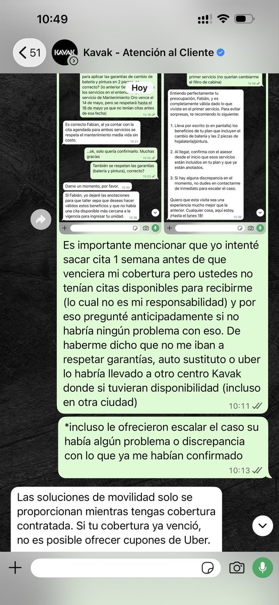 fabima_9's tweet photo. Hola @AtencionKavakMX, intenté agendar mi servicio antes del vencimiento de mi cobertura pero no tenían citas. Por WhatsApp confirmaron que respetarían mis beneficios y hoy me los niegan porque “la cobertura venció”. Tengo evidencia. ¿Quién puede resolverlo antes de PROFECO? https://t.co/6KEHKrMFOt