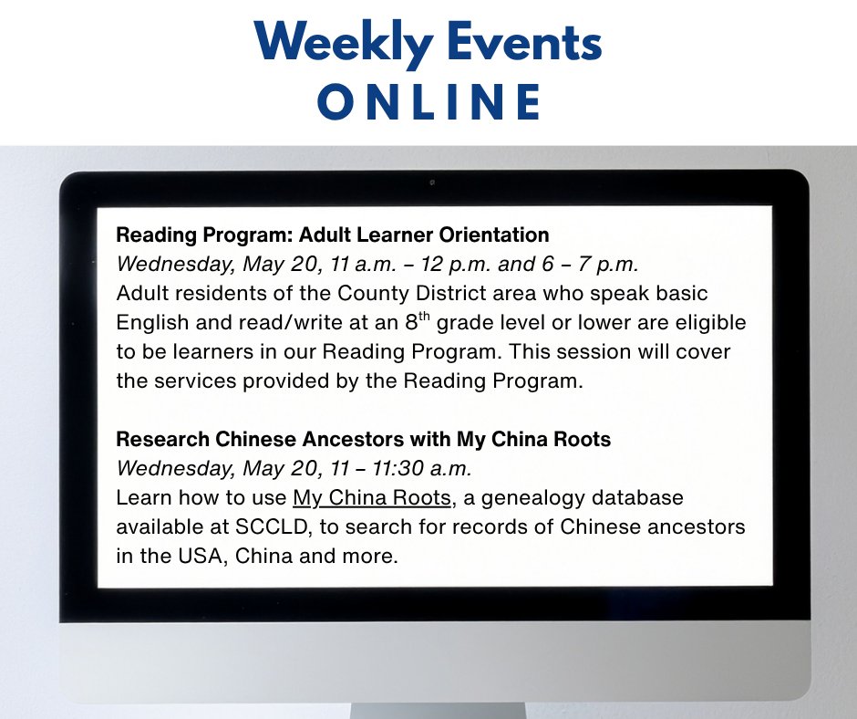 sccld's tweet photo. As we close in on Memorial Day here are some event highlights taking place at our libraries this week.

Find the full, up-to-date list at: https://t.co/j7HB3WWf8j https://t.co/NM3HtpZ8Fe