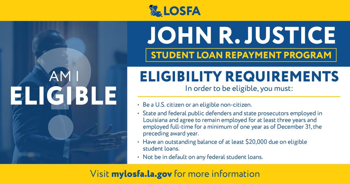 LOSFA's tweet photo. 📣 Attention state and federal public defenders and state prosecutors employed in the state of Louisiana⚖️

Did you know you may qualify for the John R. Justice Student Loan Repayment Program?

➡To learn more and to apply, visit https://t.co/mFTo4BuJ0x. https://t.co/RVsunni39z