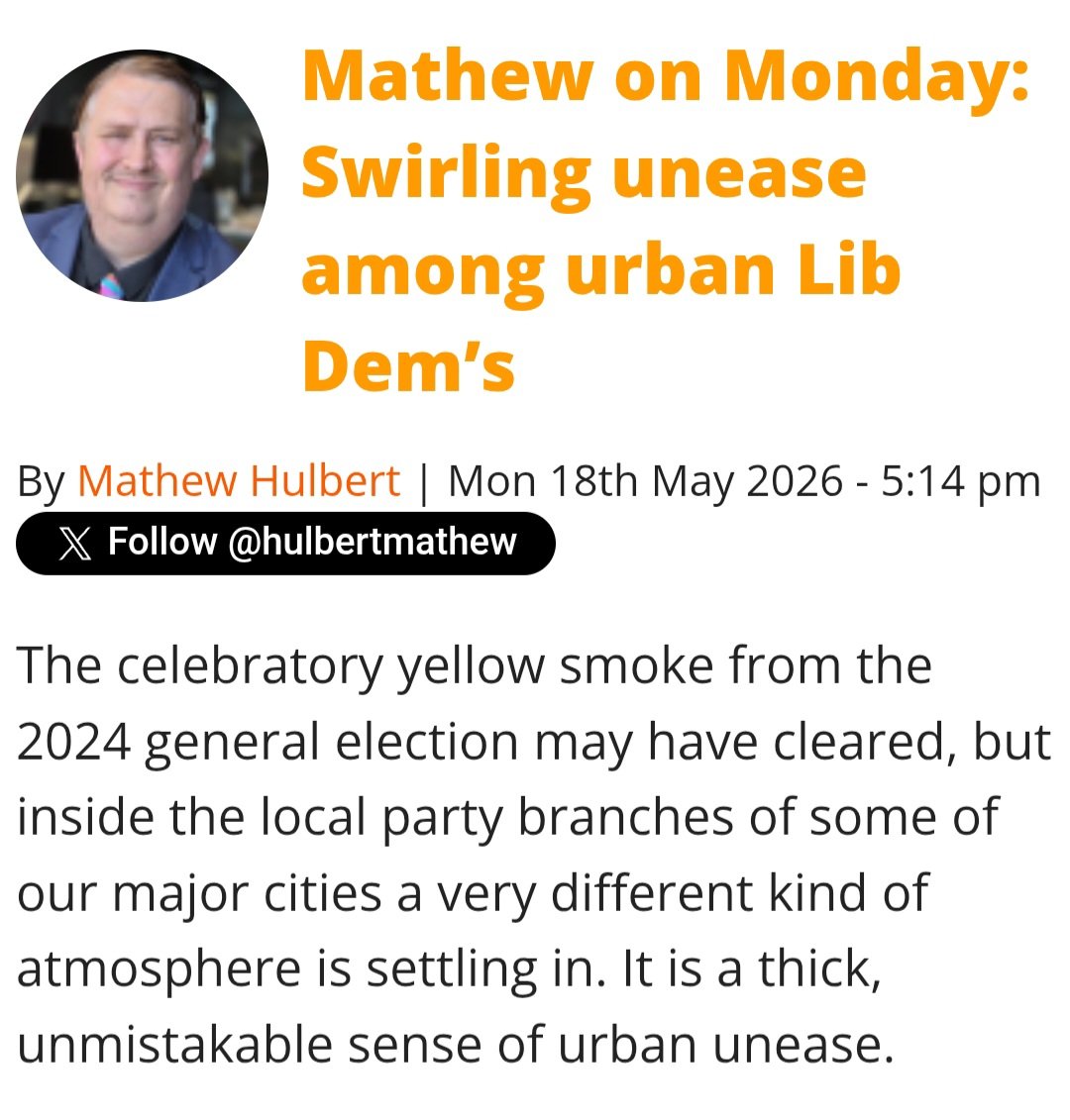MathewHulbert's tweet photo. 🚨 EXCLUSIVE: The full story of urban Lib Dems' anger at Ed Davey!

A very prominent city-based Lib Dem has told me of their exasperation at the leadership's apparent abandoning of being competitive in urban areas. 
#LibDems 

https://t.co/WAqNHpKkKV https://t.co/unMmbni5Ep