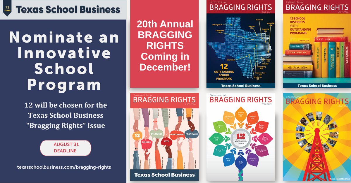 tasanet's tweet photo. Only 12 #txed programs are featured each year in the Bragging Rights issue of @TXSchoolBiz. Make sure one of them is yours! Submit your nomination by Aug 31. https://t.co/aPTVhLmdLF https://t.co/2svSCPZR4O