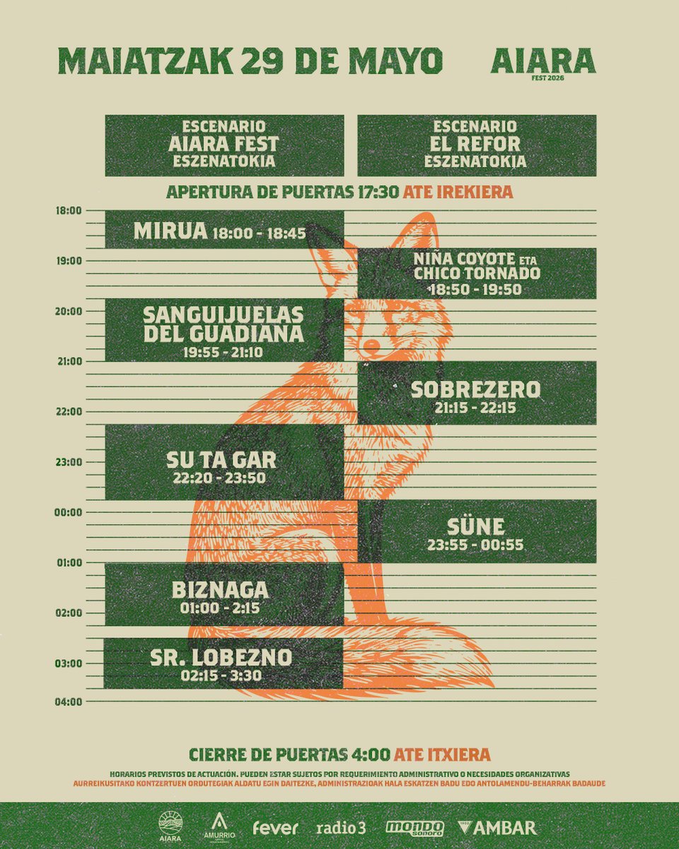 aiarafest's tweet photo. ⌛ORDUTEGIAK ⌛

Hemen dituzue kontzertuen ordutegiak! 💚 Zuen artista gogokoenak noiz jotzen duten ondo begiratu eta ondo antolatu kontzerturik ez galtzeko 🌟
ℹ️Garaiz iritsi pultsera eskuratzeko eta festa hasi aurretik zerbait lasai hartzeko🍻 

#AiaraFest2026 https://t.co/c9XTPiBtXe