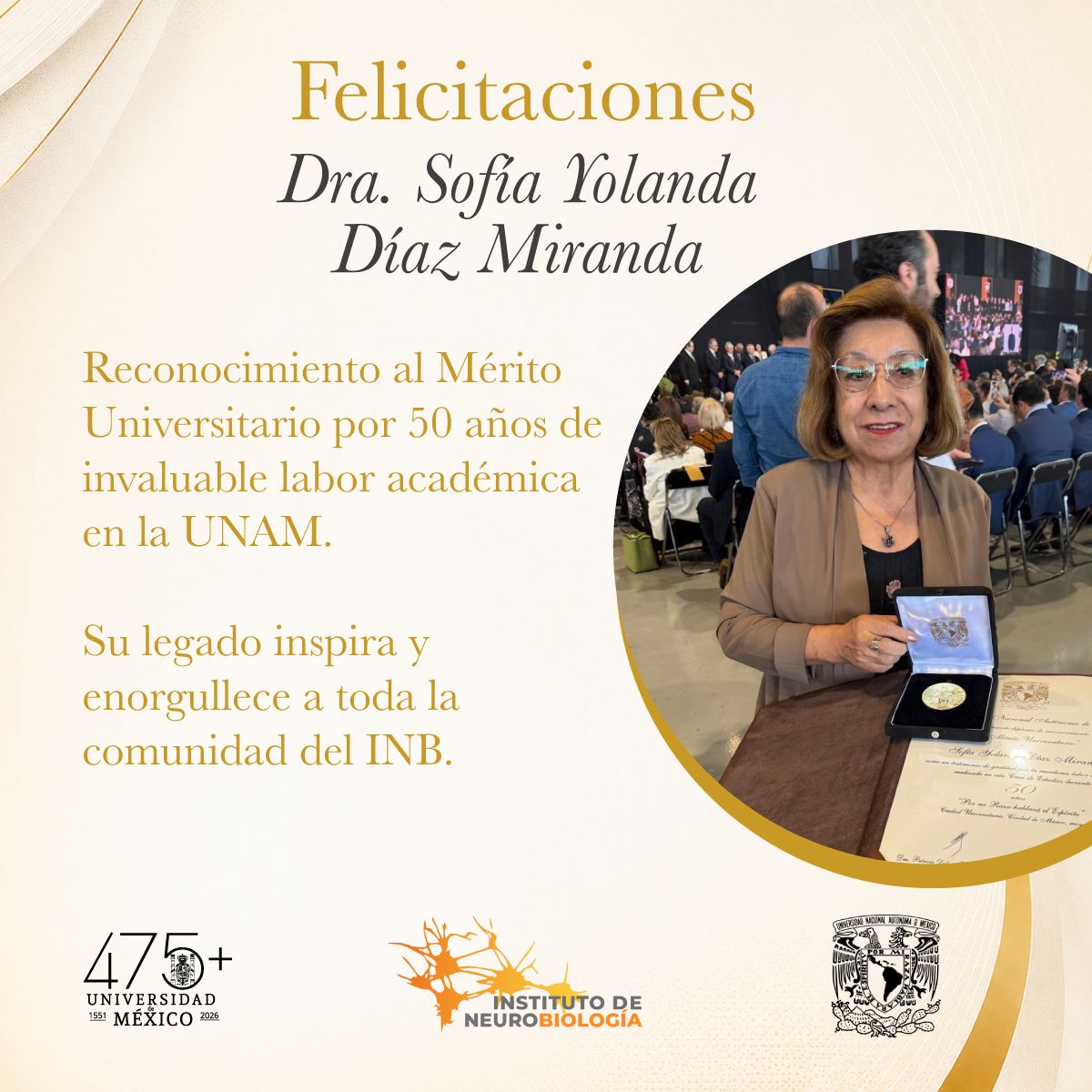 UNAMINB's tweet photo. La comunidad del INB expresa su más sincera felicitación y profunda admiración a la Dra. Sofía Yolanda Díaz Miranda, distinguida investigadora de nuestro Instituto, por recibir el reconocimiento al Mérito Universitario por 50 años de invaluable labor académica en la UNAM. https://t.co/WsyptHzwq7