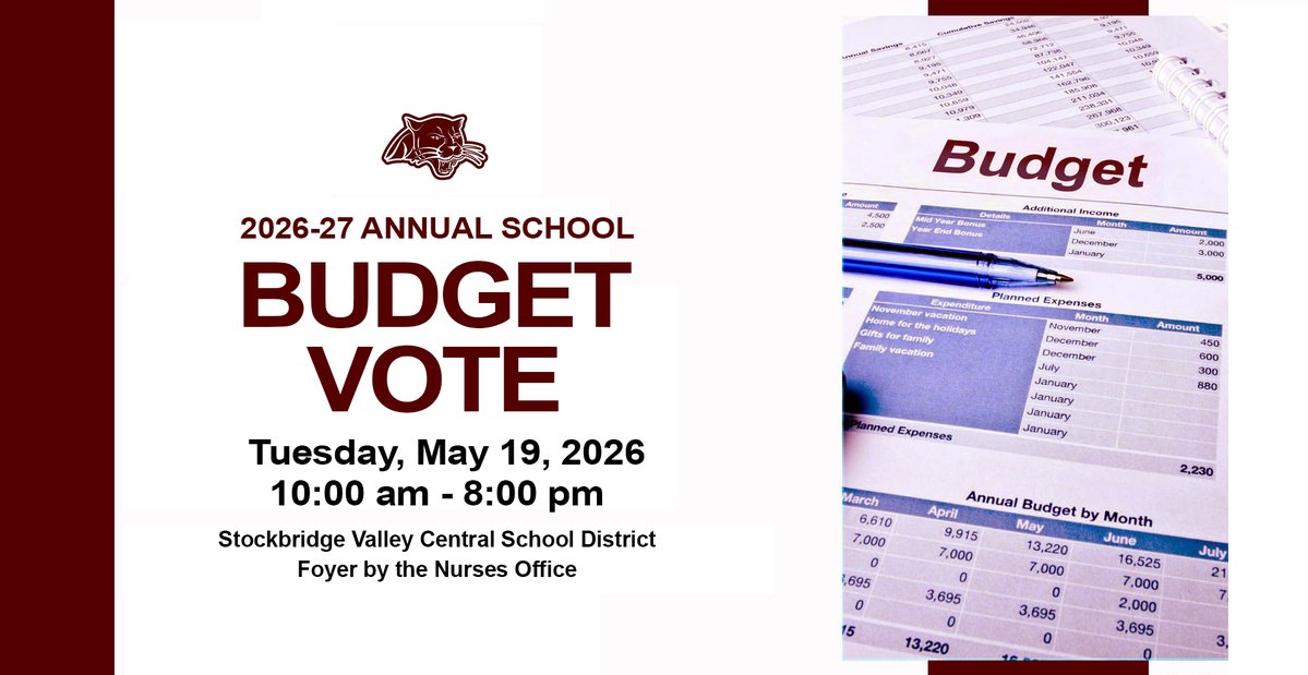 StockValleyCSD's tweet photo. 📣 Reminder: The 2026–27 SVCS School Budget Vote &amp; BOE Election is Tuesday, May 19, from 10 AM–8 PM.

🗳️ Vote at the SVCS Foyer (by the Nurse’s Office)
6011 Williams Rd., Munnsville
More info: https://t.co/3rqLQ0Xzco https://t.co/94MbzPbqnf