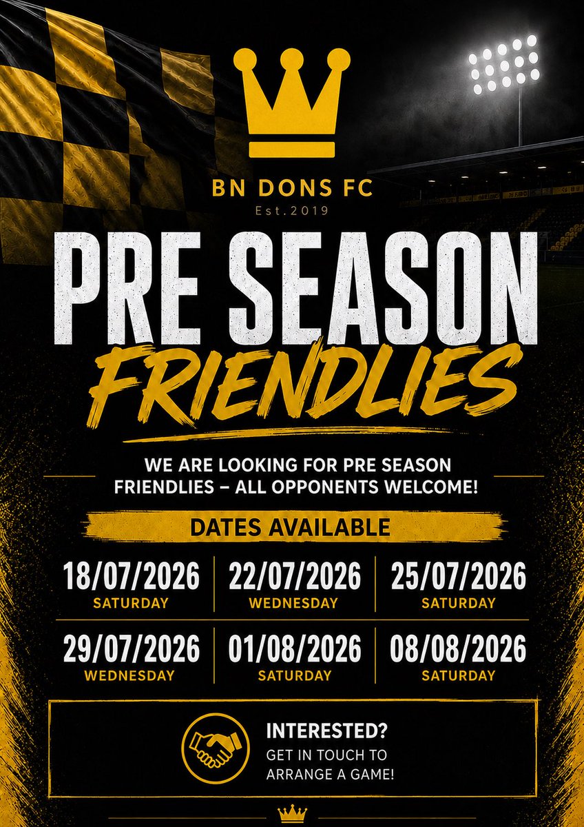 BnDons1's tweet photo. With our season coming to an end, eyes turn to preparation for 26/27, so we’re releasing our pre season scheduling! Drop us a dm to sort out a game 🤝 https://t.co/7Ye0LjIoUf