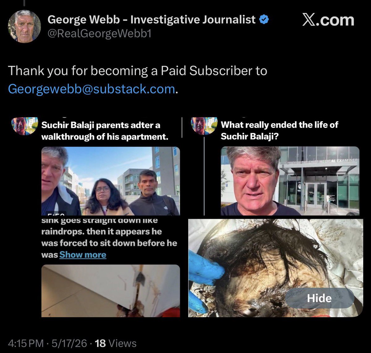 justalittle_bot's tweet photo. @RaoPoornima 

The despicable George Webb @RealGeorgeWebb1, who previously violated your trust, has now sunk to an even more depraved level, posting a private picture of your son’s autopsy.  And yet worse, he did this in an attempt to gain a paid subscriber to his substack slop. https://t.co/2aXBb95eX6
