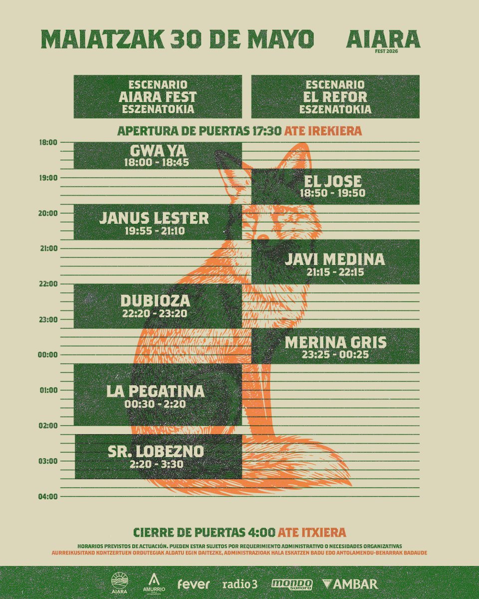 aiarafest's tweet photo. ⌛ORDUTEGIAK ⌛

Hemen dituzue kontzertuen ordutegiak! 💚 Zuen artista gogokoenak noiz jotzen duten ondo begiratu eta ondo antolatu kontzerturik ez galtzeko 🌟
ℹ️Garaiz iritsi pultsera eskuratzeko eta festa hasi aurretik zerbait lasai hartzeko🍻 

#AiaraFest2026 https://t.co/c9XTPiBtXe